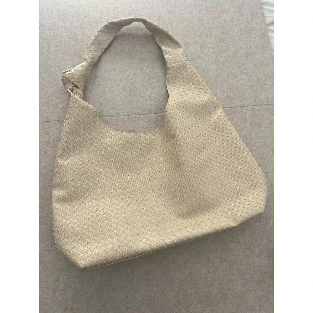 Ulta Woven Hobo Bag Cream Beige Knotted Strap Intrecciato Style Shoulder Bag